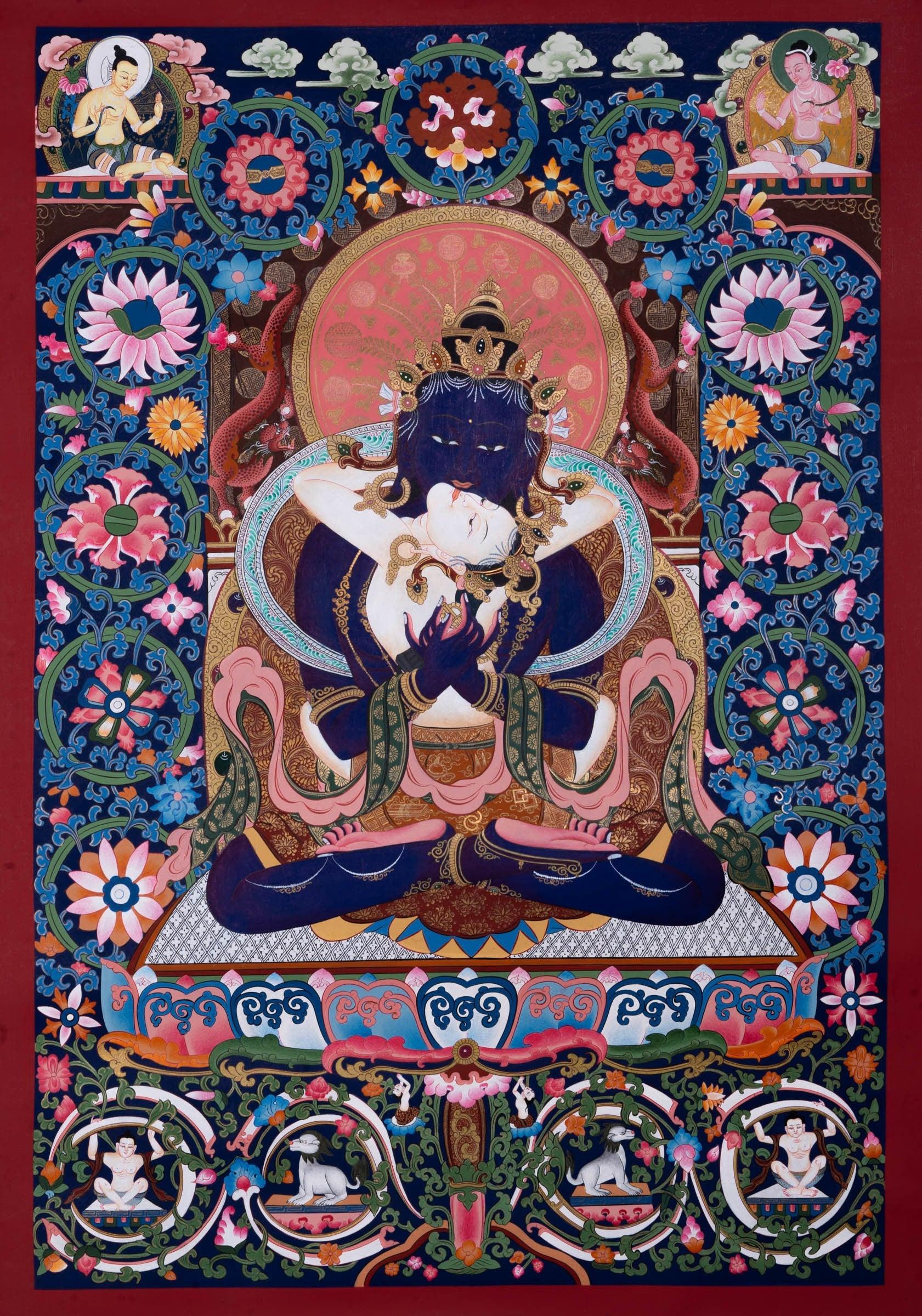 Vajradhara Thangka Painting with floral background art . Bajra Dhara sitting on Lotus with his consort.