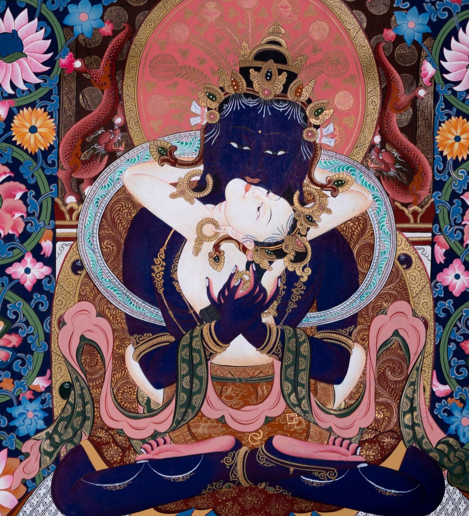 Vajradhara Thangka Painting with floral background art . Bajra Dhara sitting on Lotus with his consort.