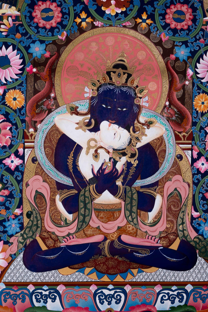 Vajradhara Thangka Painting with floral background art . Bajra Dhara sitting on Lotus with his consort.