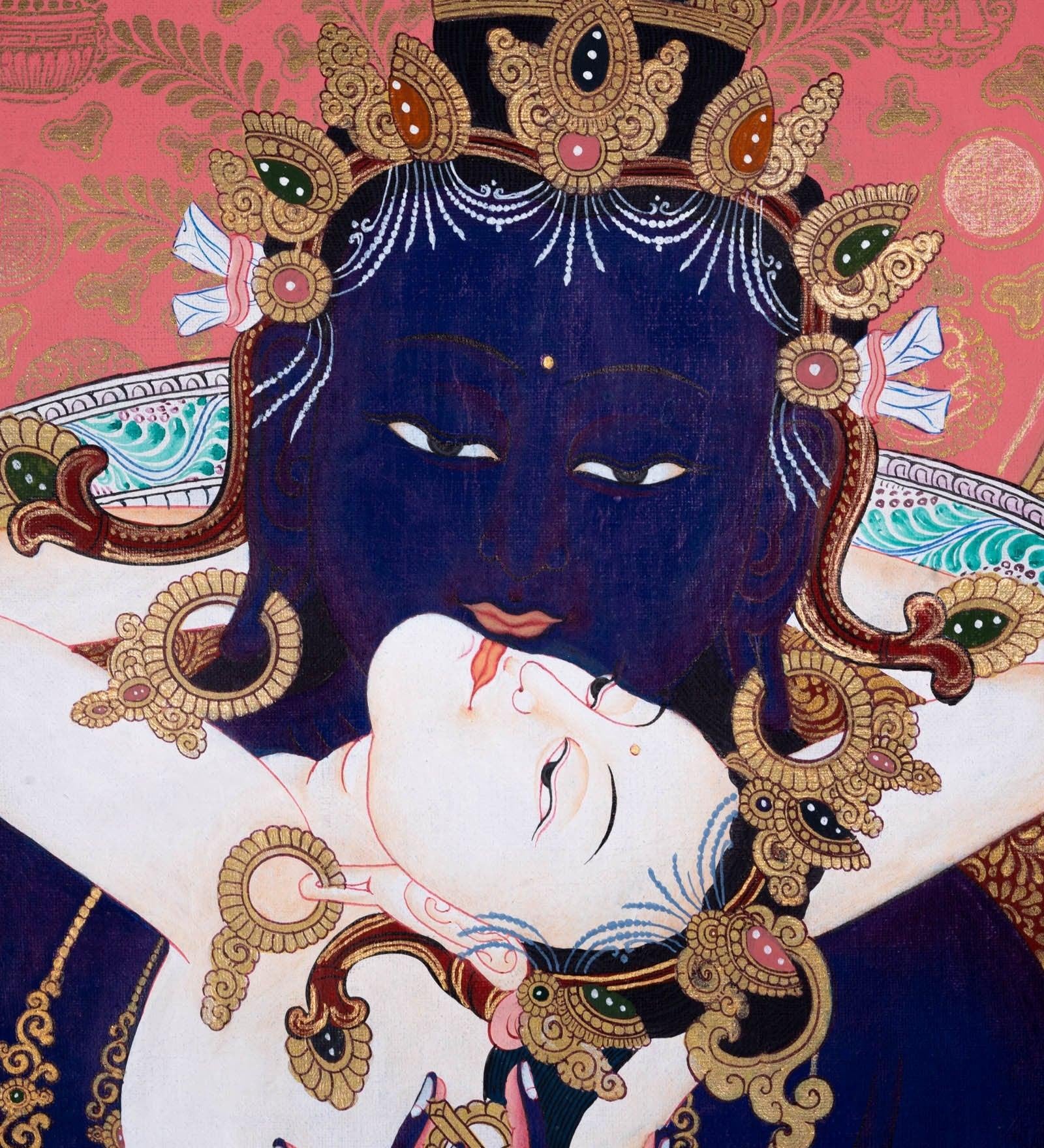 Vajradhara Thangka Painting with floral background art . Bajra Dhara sitting on Lotus with his consort.