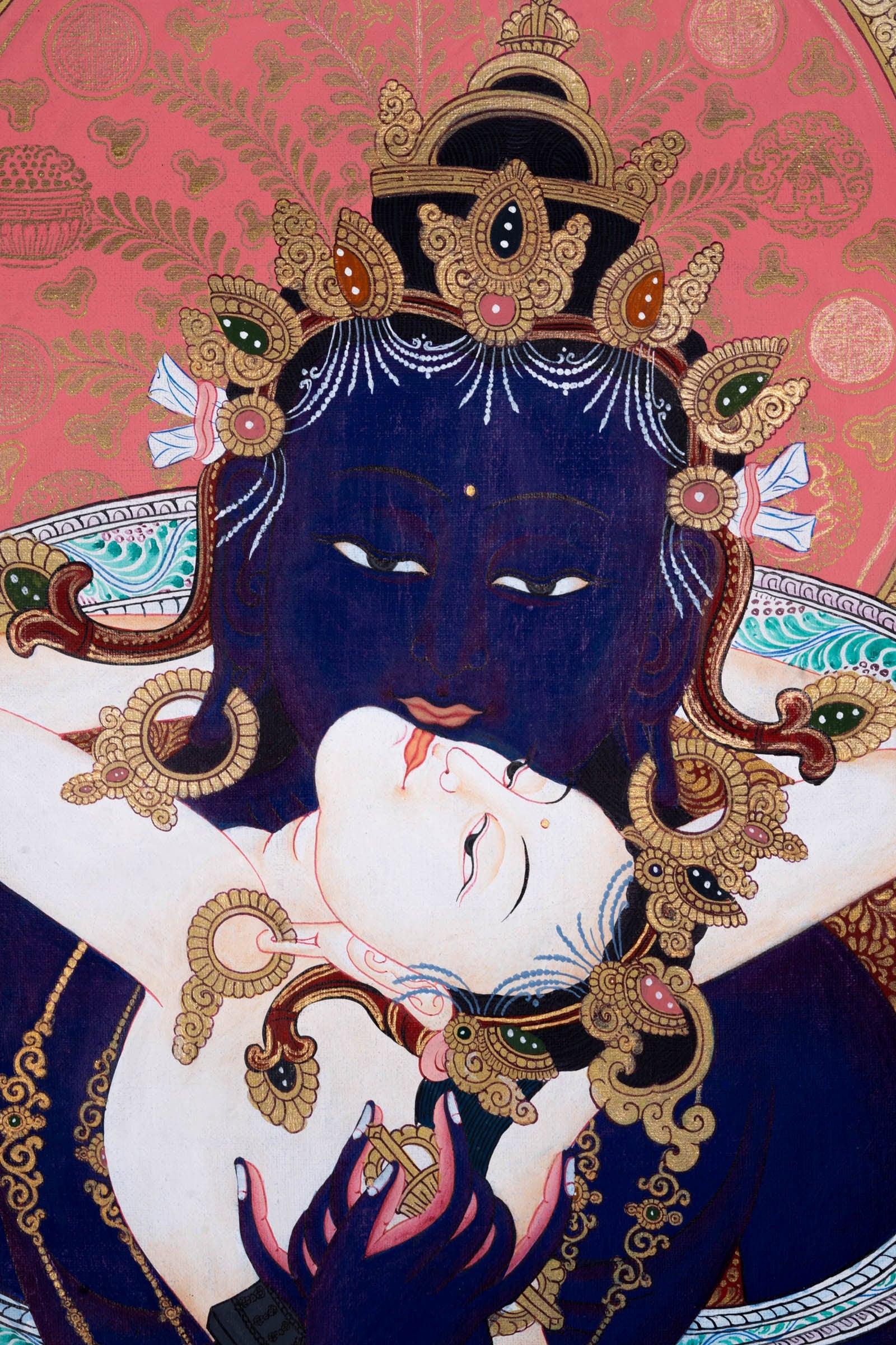 Vajradhara Thangka Painting with floral background art . Bajra Dhara sitting on Lotus with his consort.