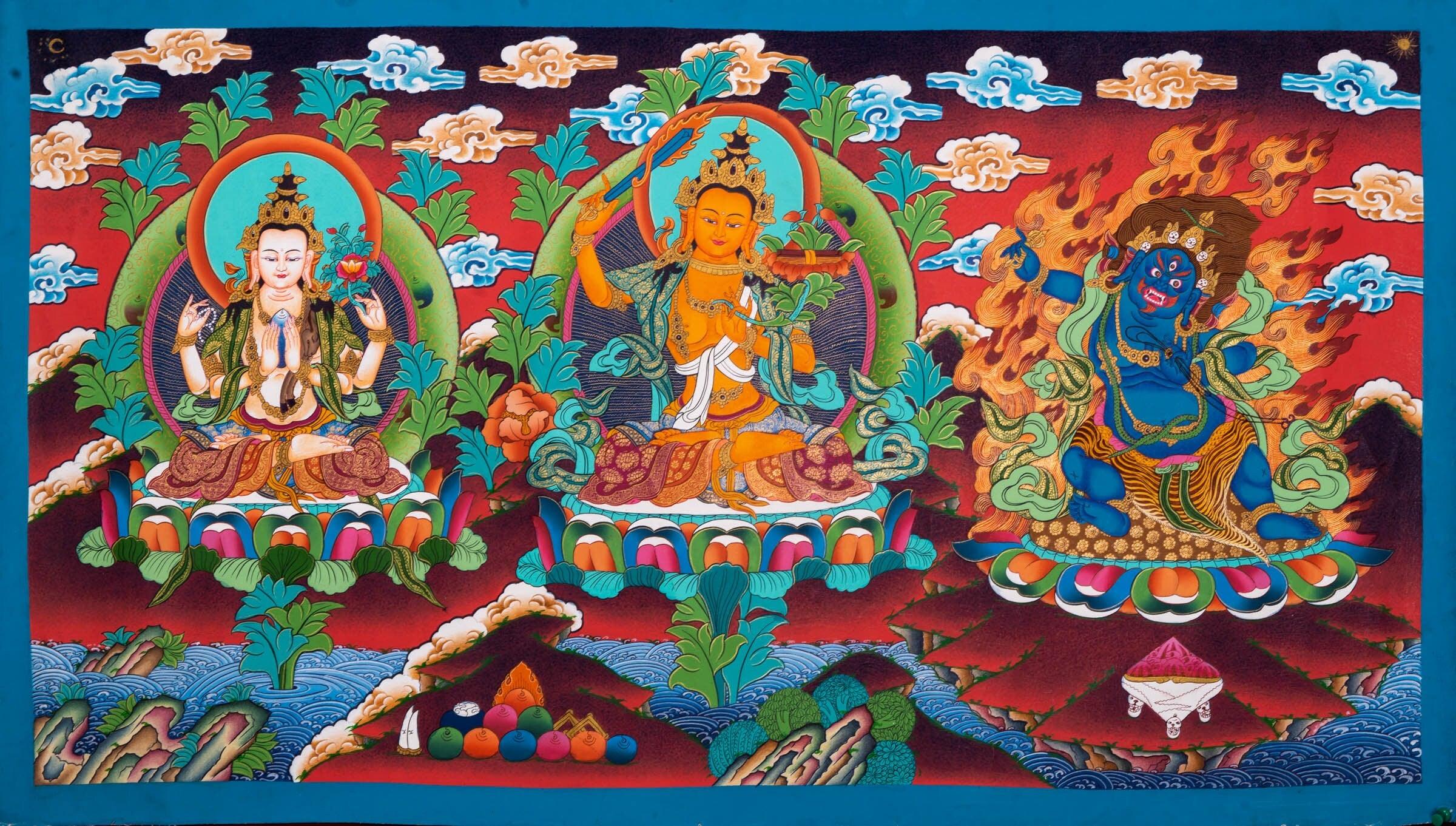 Three Great Bodhisattva Thangka Painting