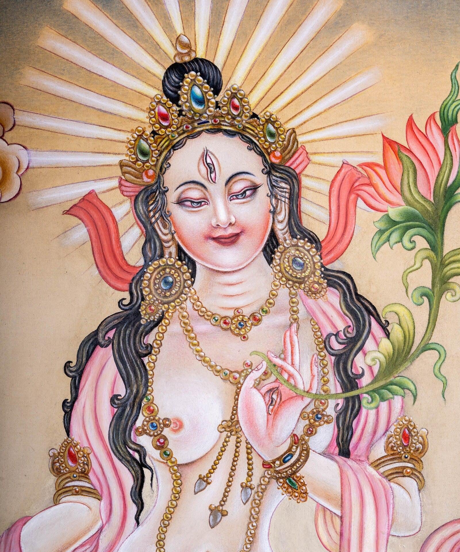 Newari White Tara Thangka Painting - Himalayas Shop