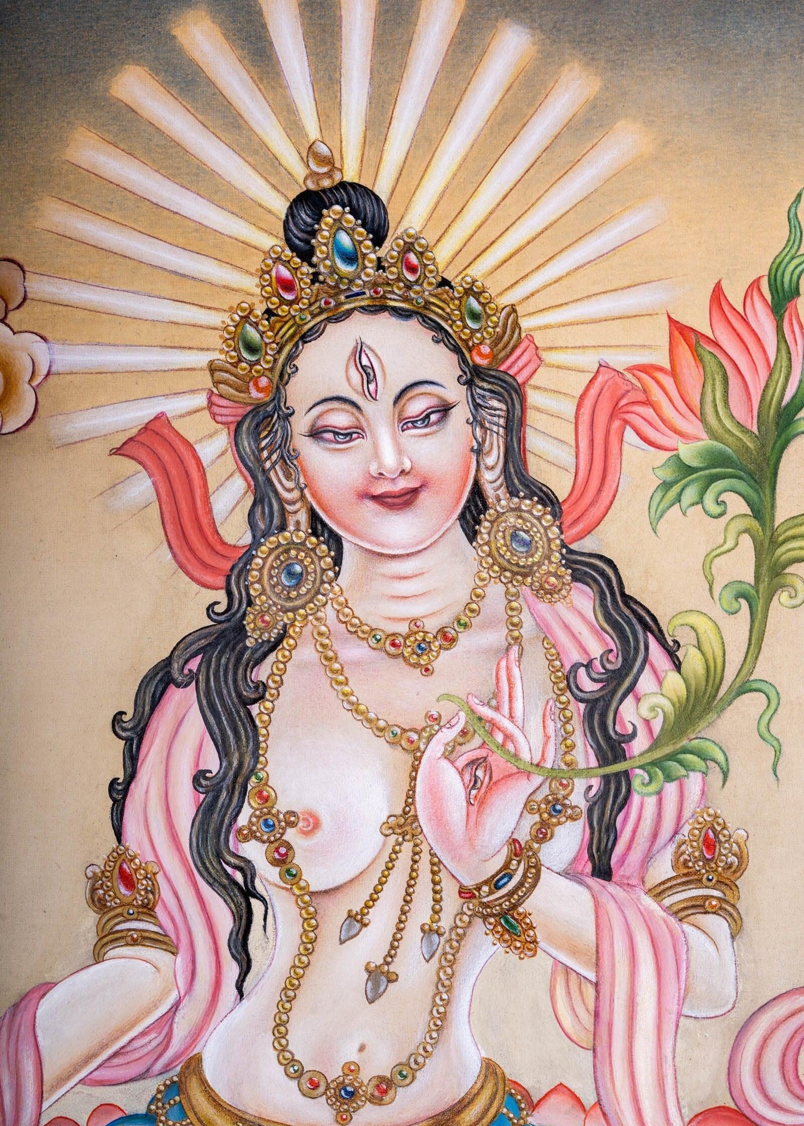 Newari White Tara Thangka Painting - Himalayas Shop