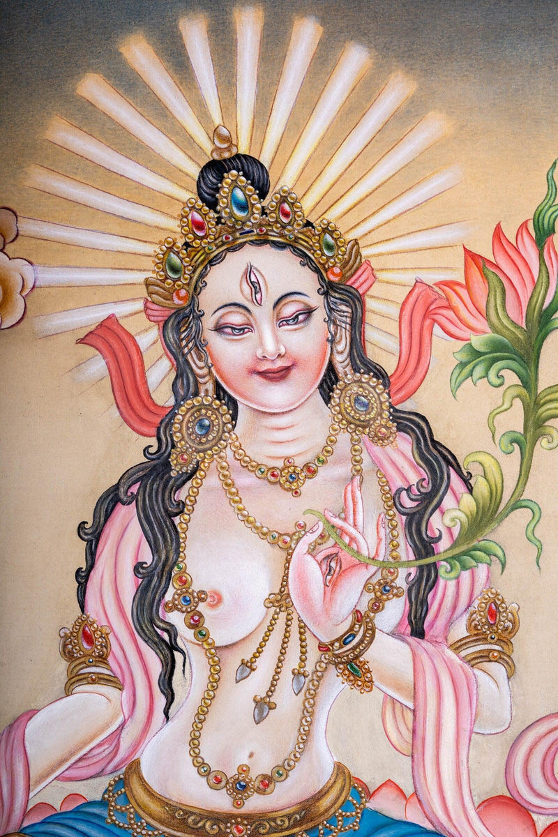 Newari White Tara Thangka Painting - Himalayas Shop