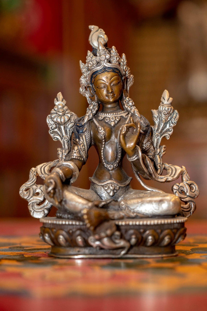 Green Tara silver plated statue mini for altar space