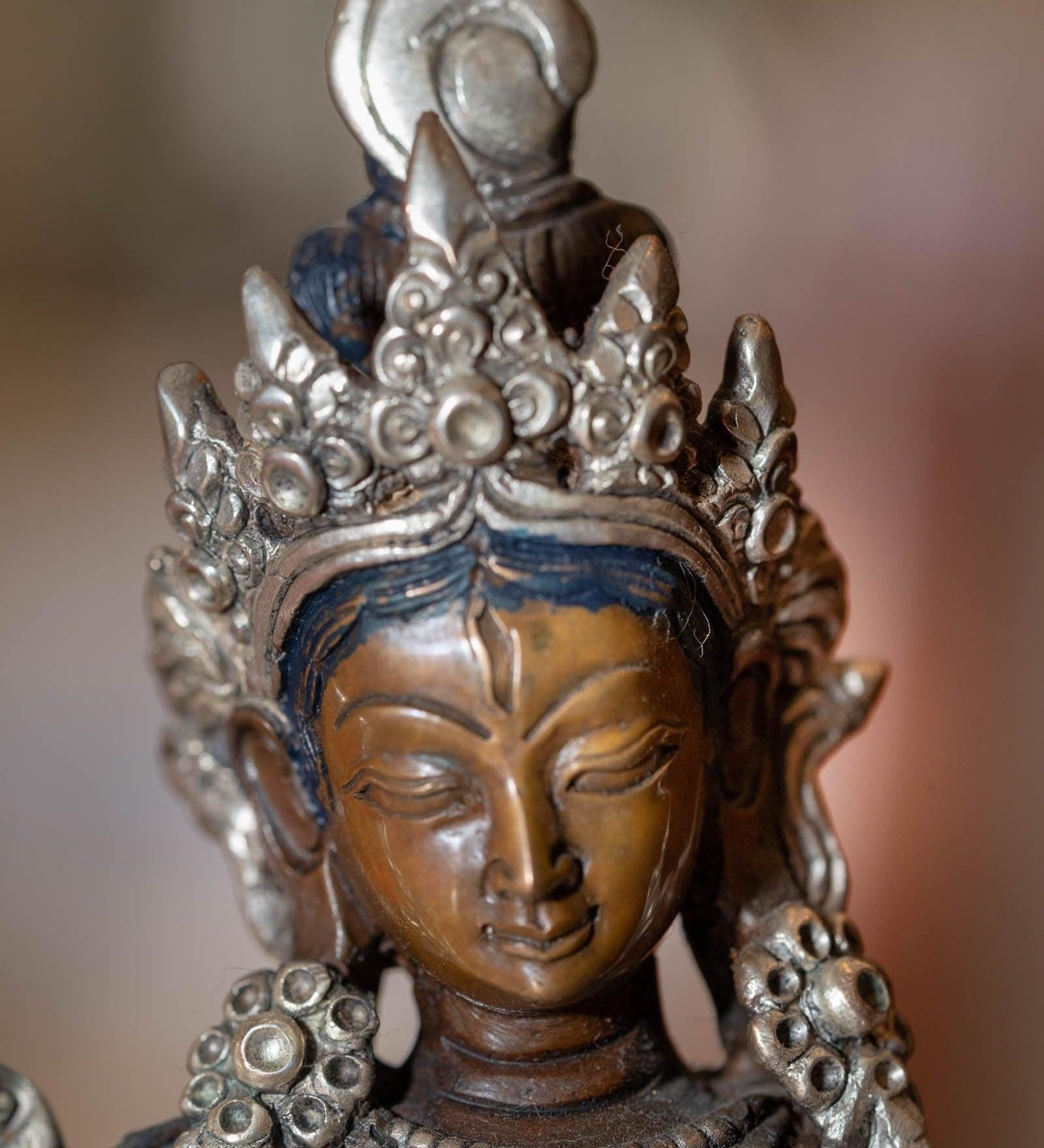 White tara statue silver plated in bronze handmade high quality small size Tibetan statue.
