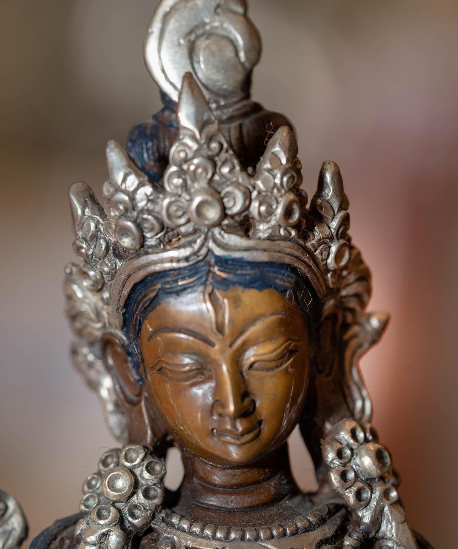 White tara statue silver plated in bronze handmade high quality small size Tibetan statue.