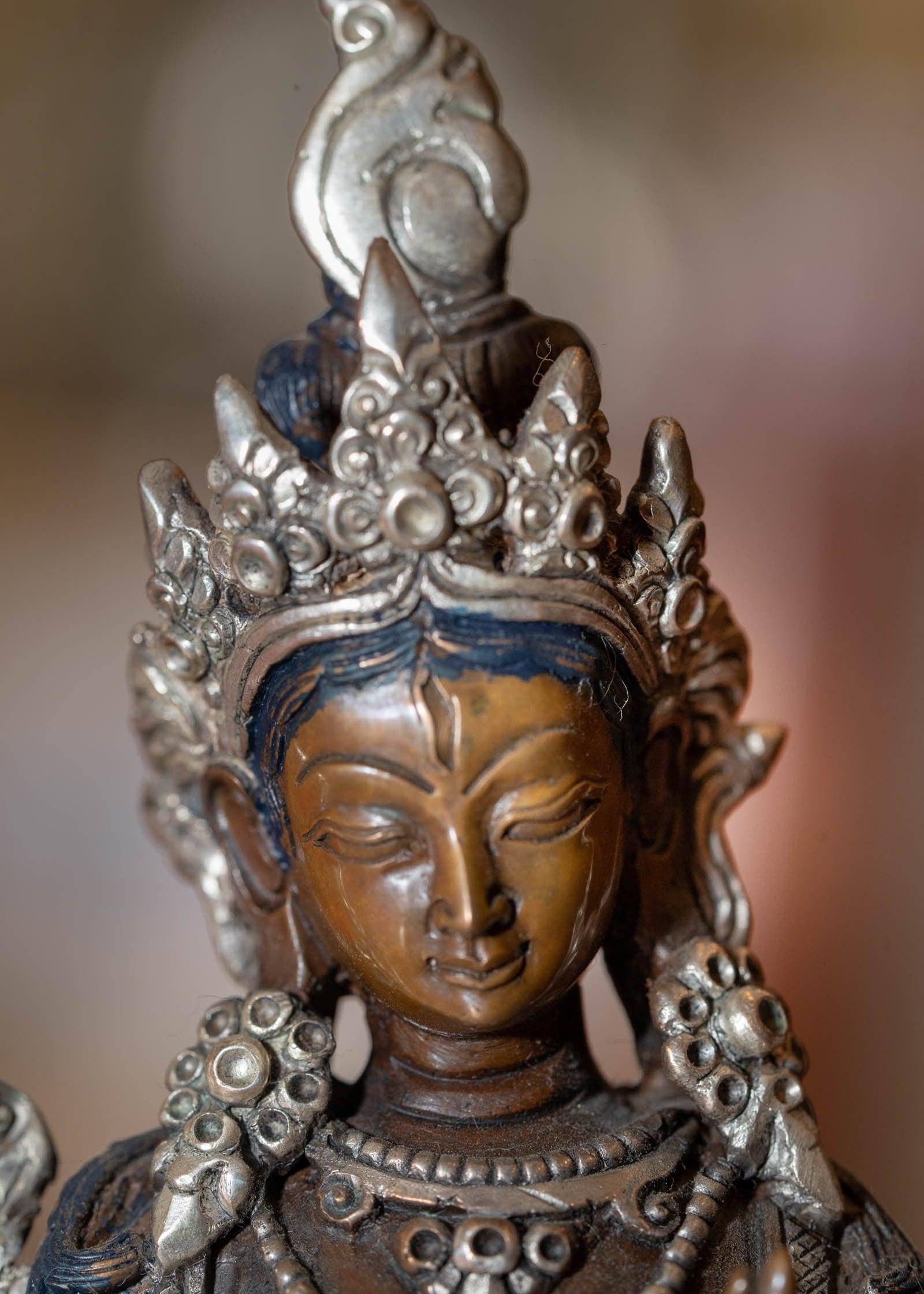 White tara statue silver plated in bronze handmade high quality small size Tibetan statue.