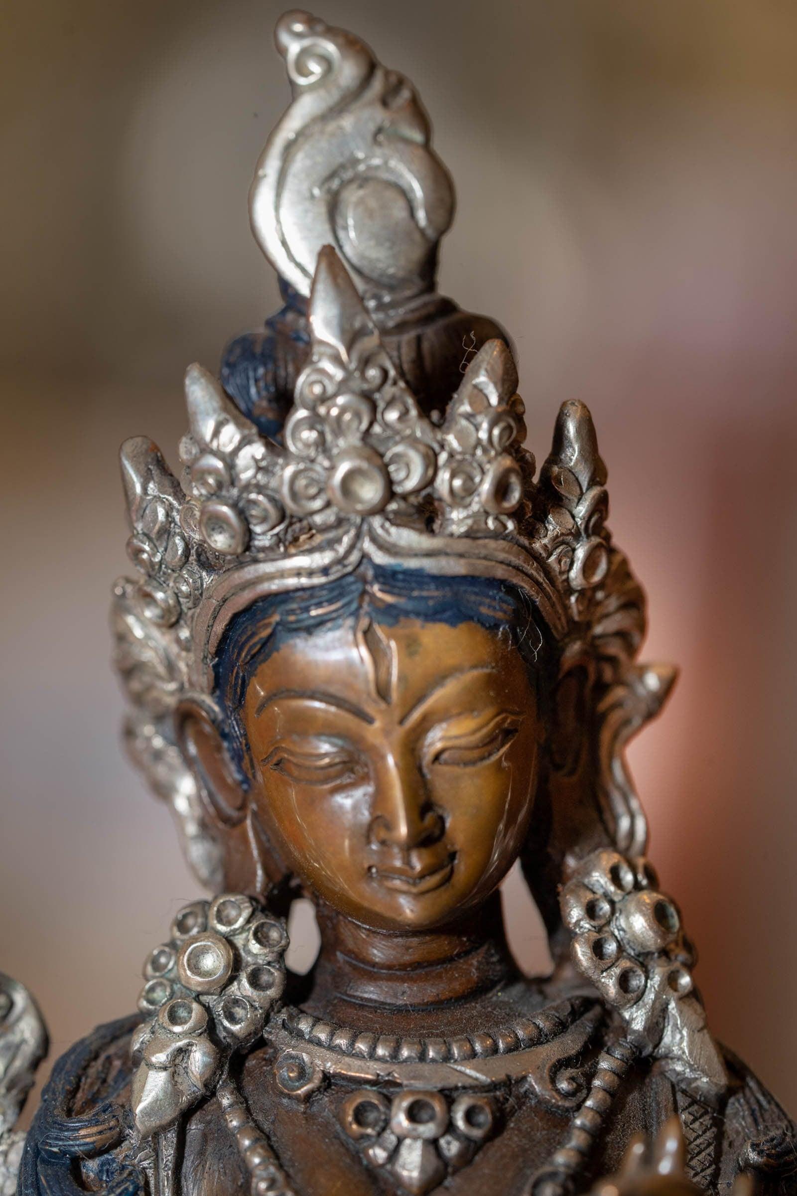 White tara statue silver plated in bronze handmade high quality small size Tibetan statue.