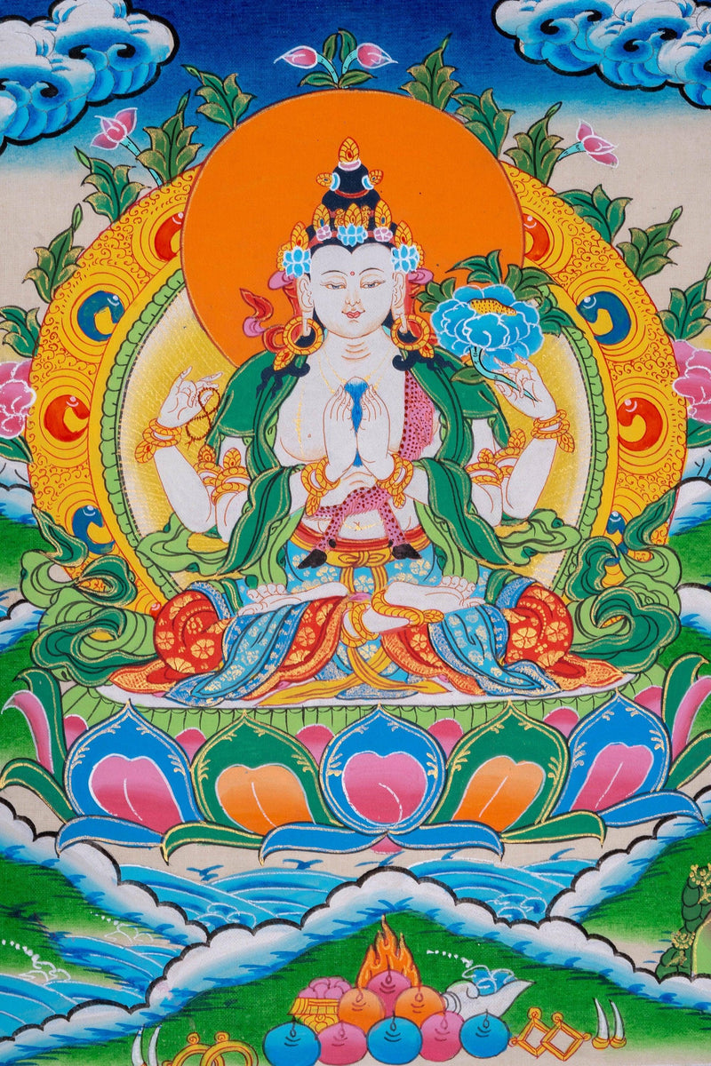 4 arms Chengresi Bodhisattva Thangka Painting - Himalayas Shop