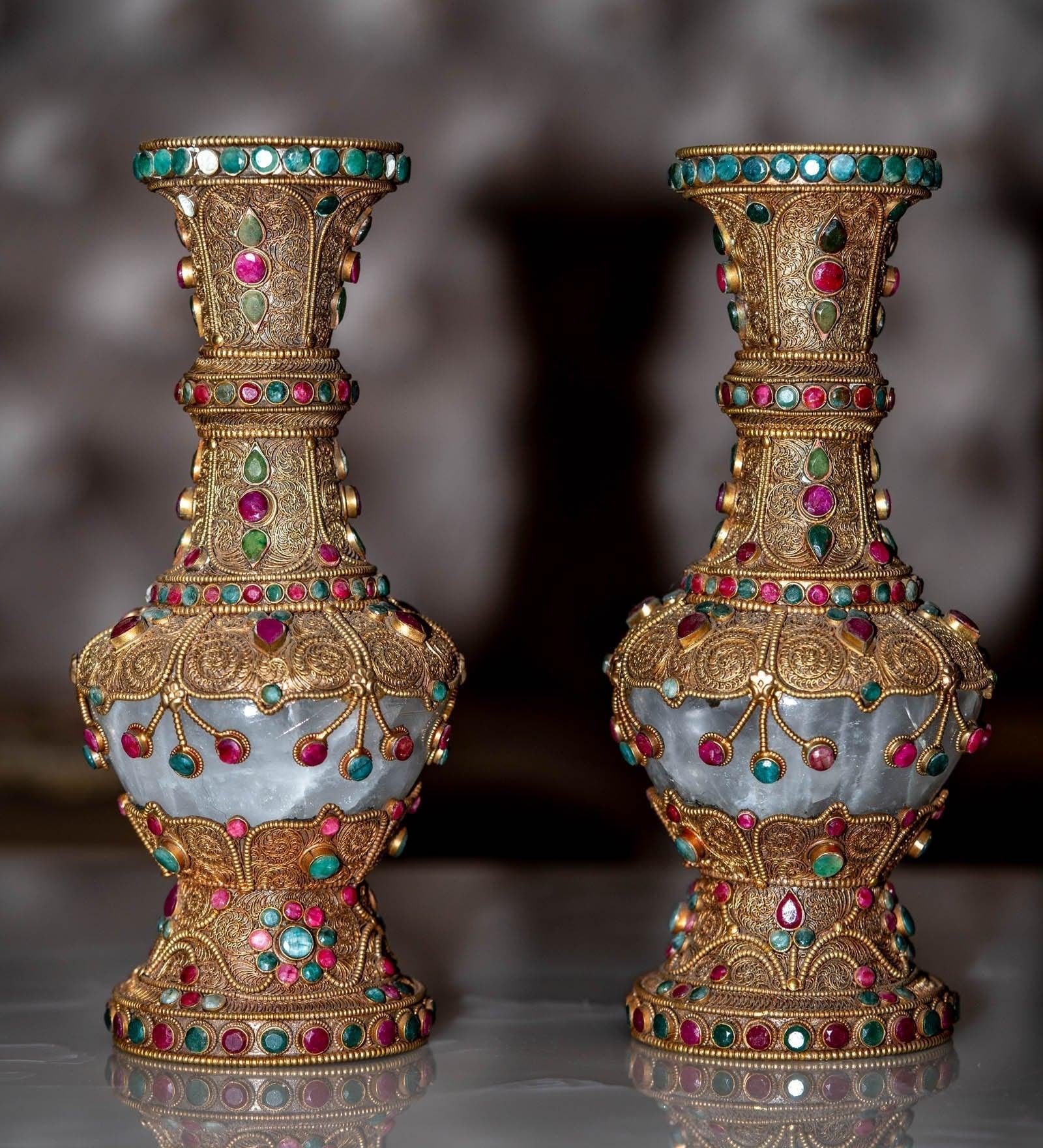 Tibetan Crystal Vase handmade  with Ruby and emerald