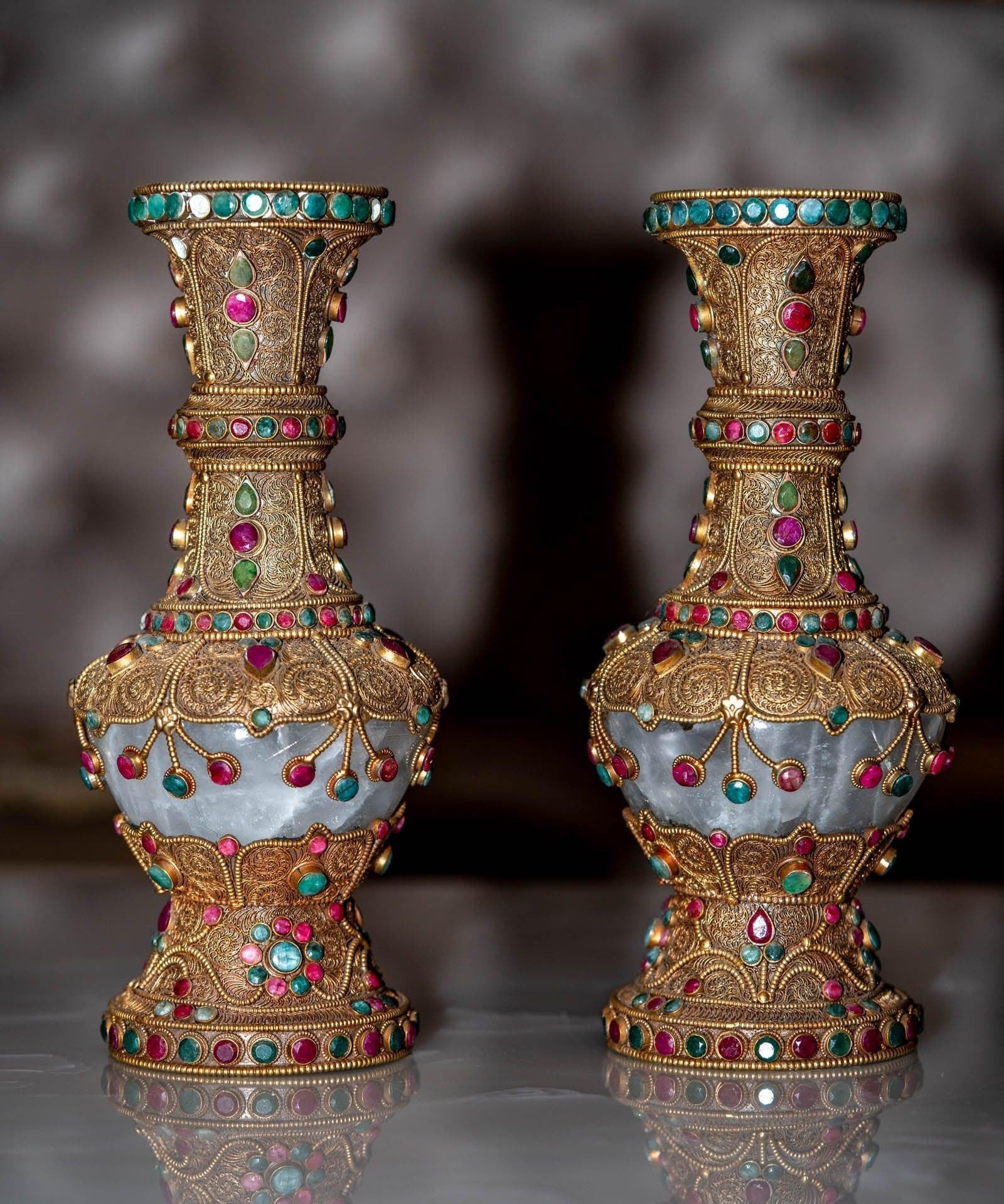 Tibetan Crystal Vase handmade  with Ruby and emerald