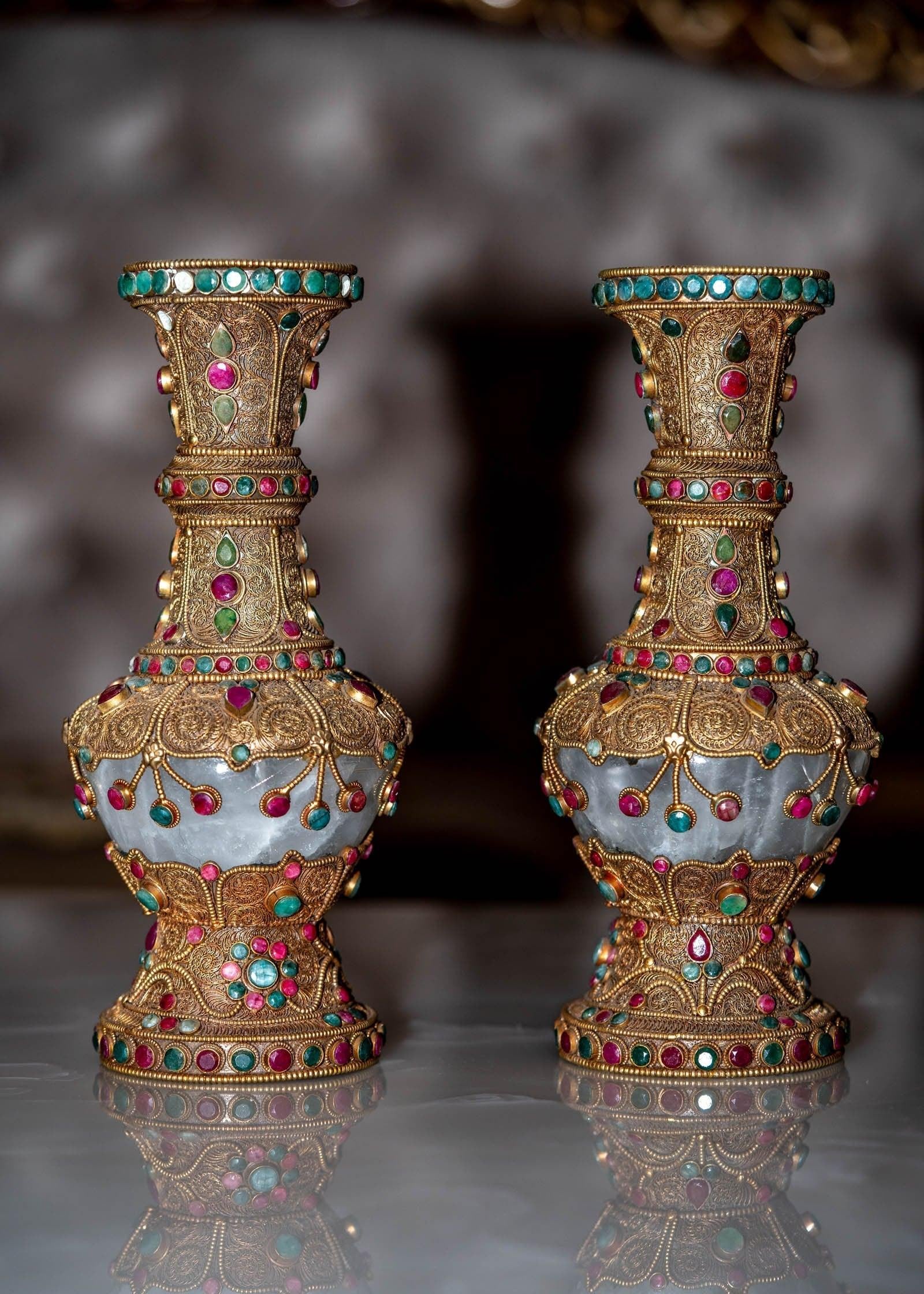 Tibetan Crystal Vase handmade  with Ruby and emerald