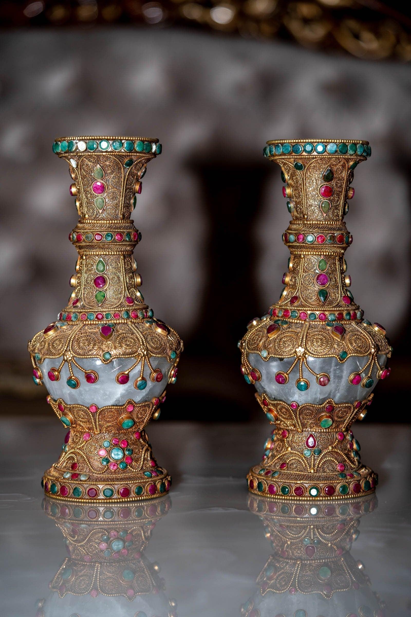 Tibetan Crystal Vase handmade  with Ruby and emerald