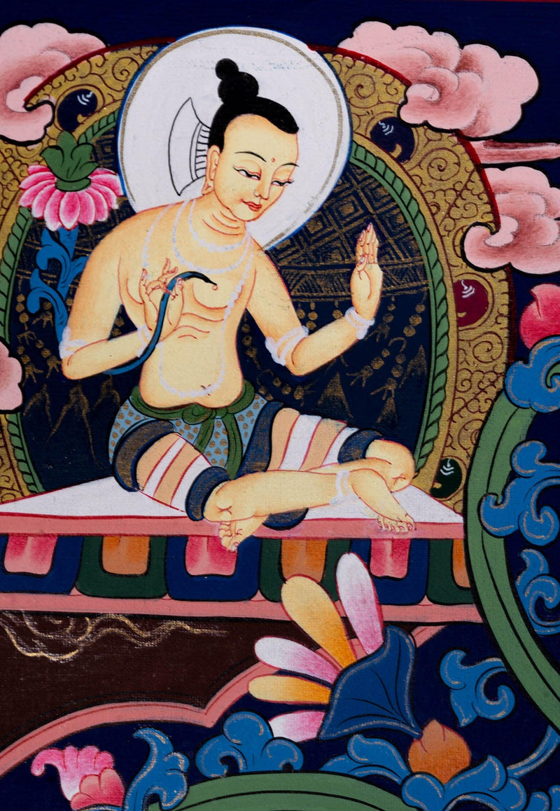 Vajradhara Thangka Painting with floral background art . Bajra Dhara sitting on Lotus with his consort.