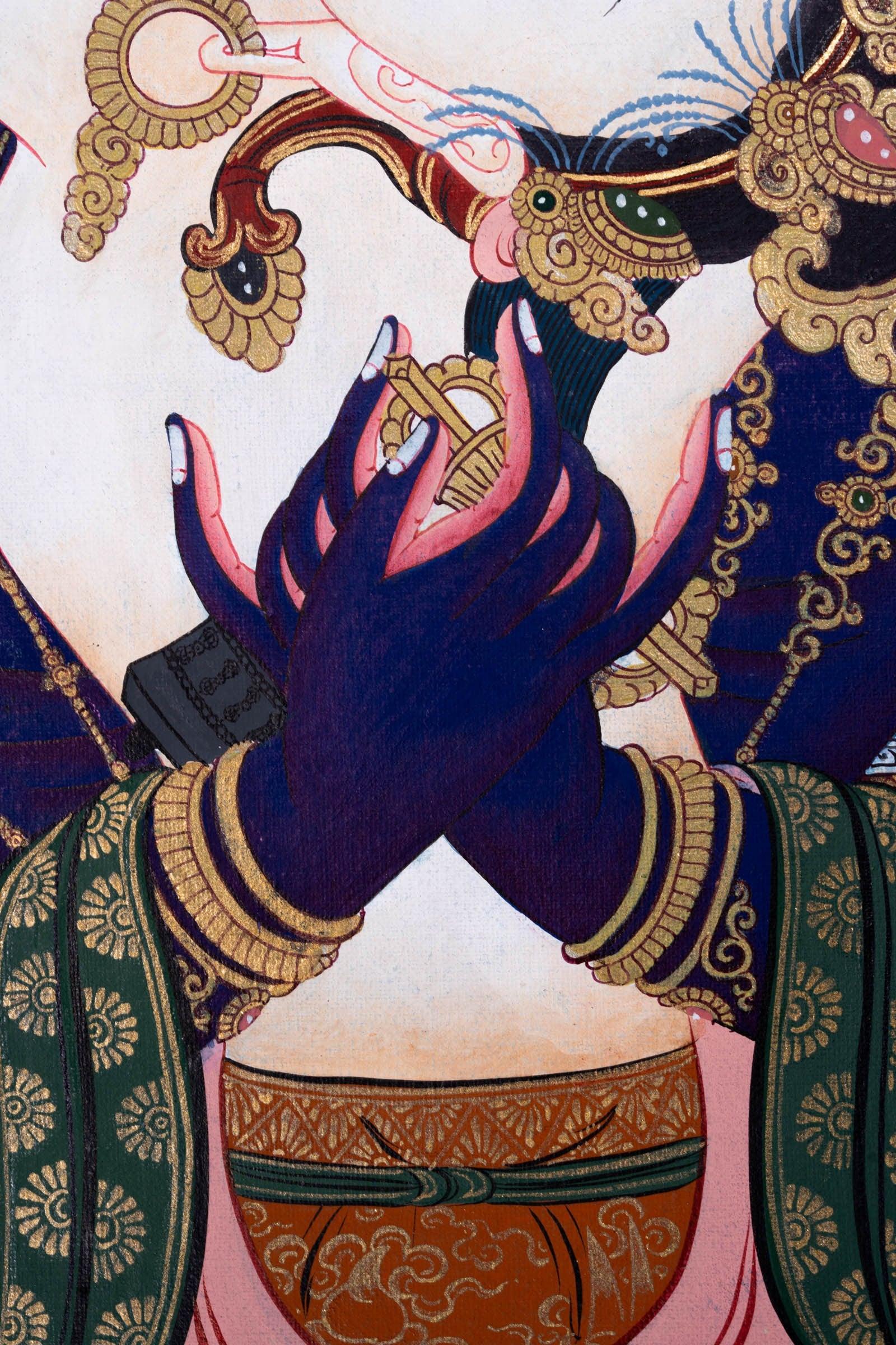 Vajradhara Thangka Painting with floral background art . Bajra Dhara sitting on Lotus with his consort.