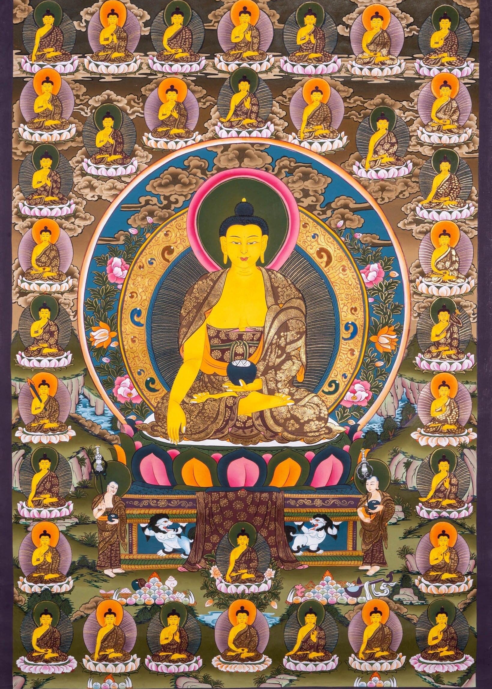 Thangka Painting of Shakyamuni Buddha with 35 Buddhas - Himalayas Shop