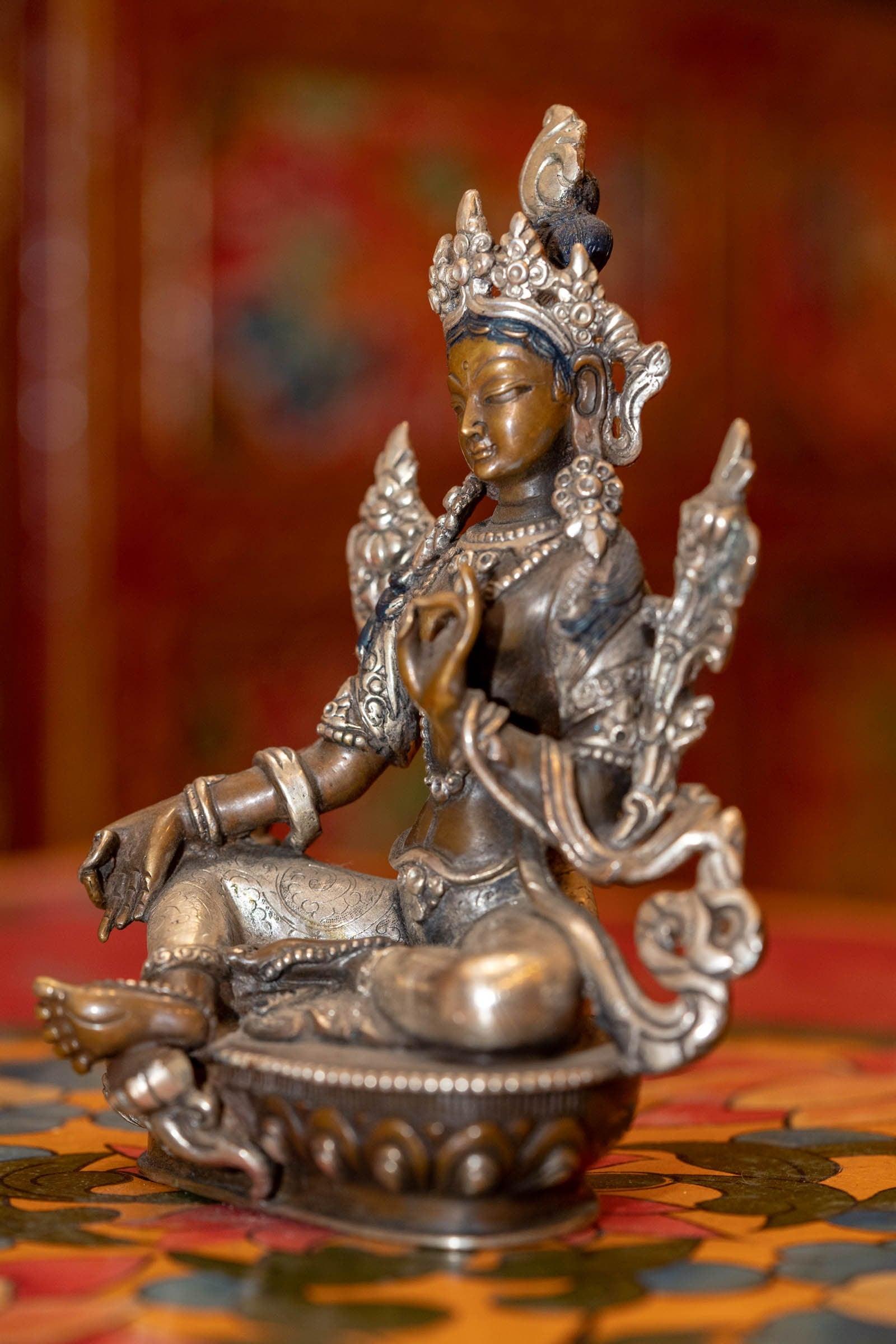 Green Tara silver plated statue mini for altar space