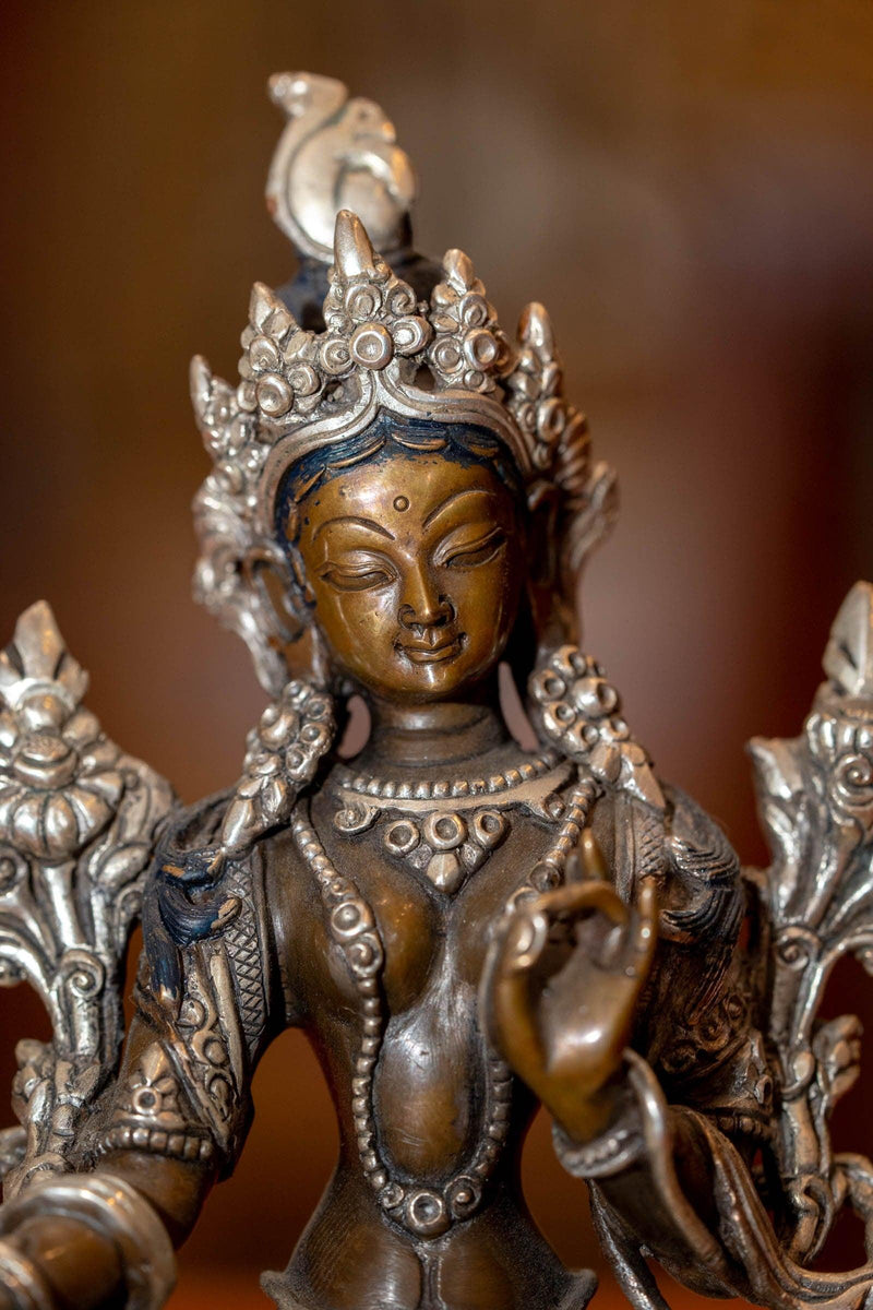 Green Tara silver plated statue mini for altar space