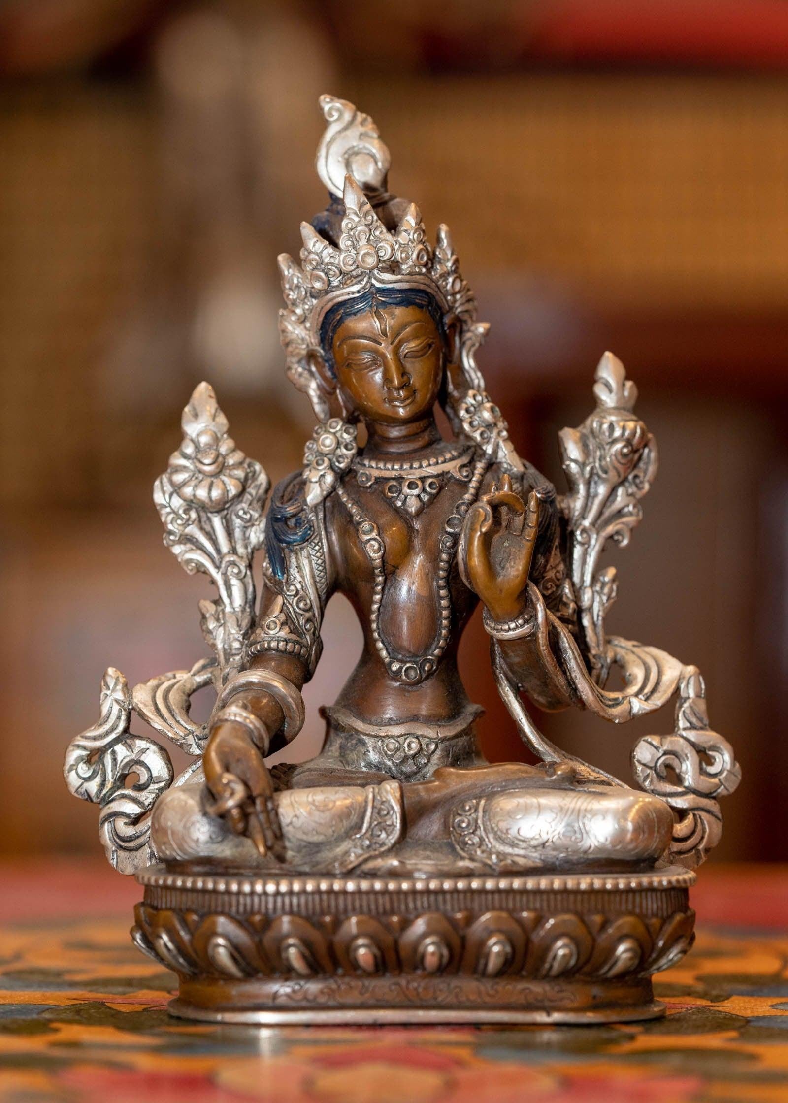 White tara statue silver plated in bronze handmade high quality small size Tibetan statue.