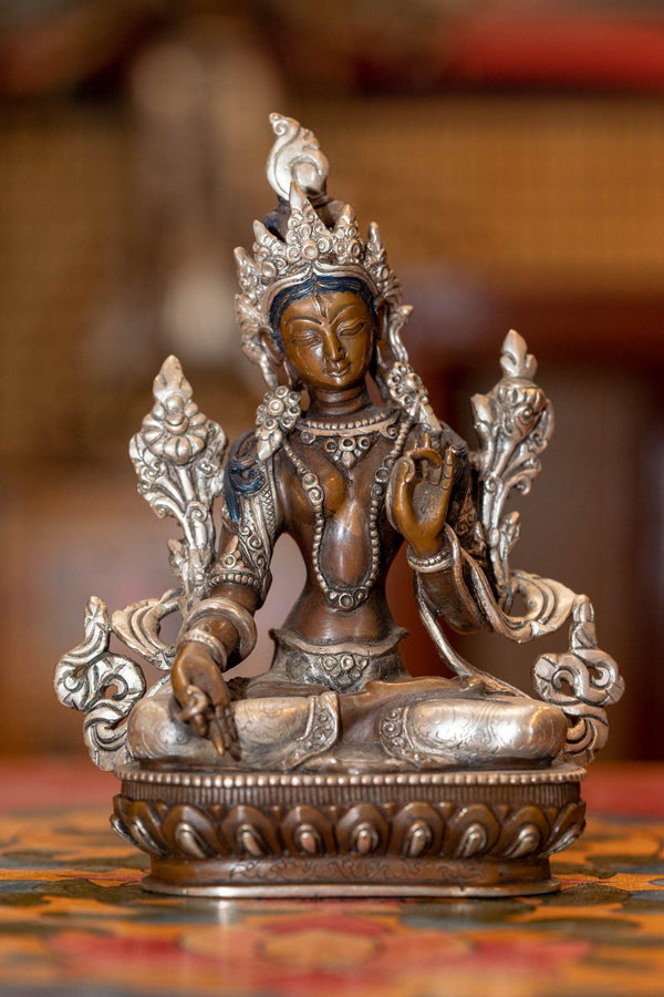 White tara statue silver plated in bronze handmade high quality small size Tibetan statue.