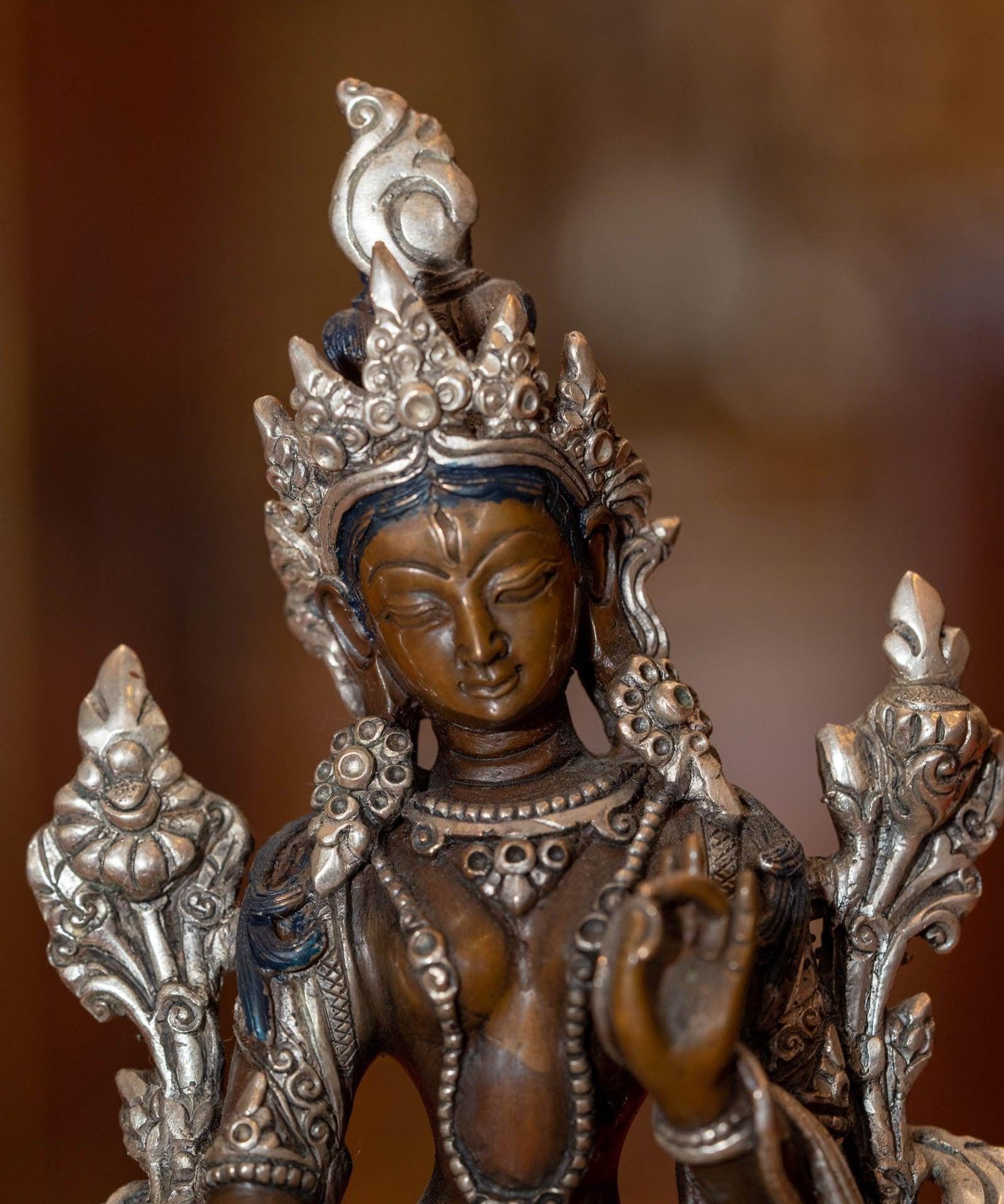 White tara statue silver plated in bronze handmade high quality small size Tibetan statue.
