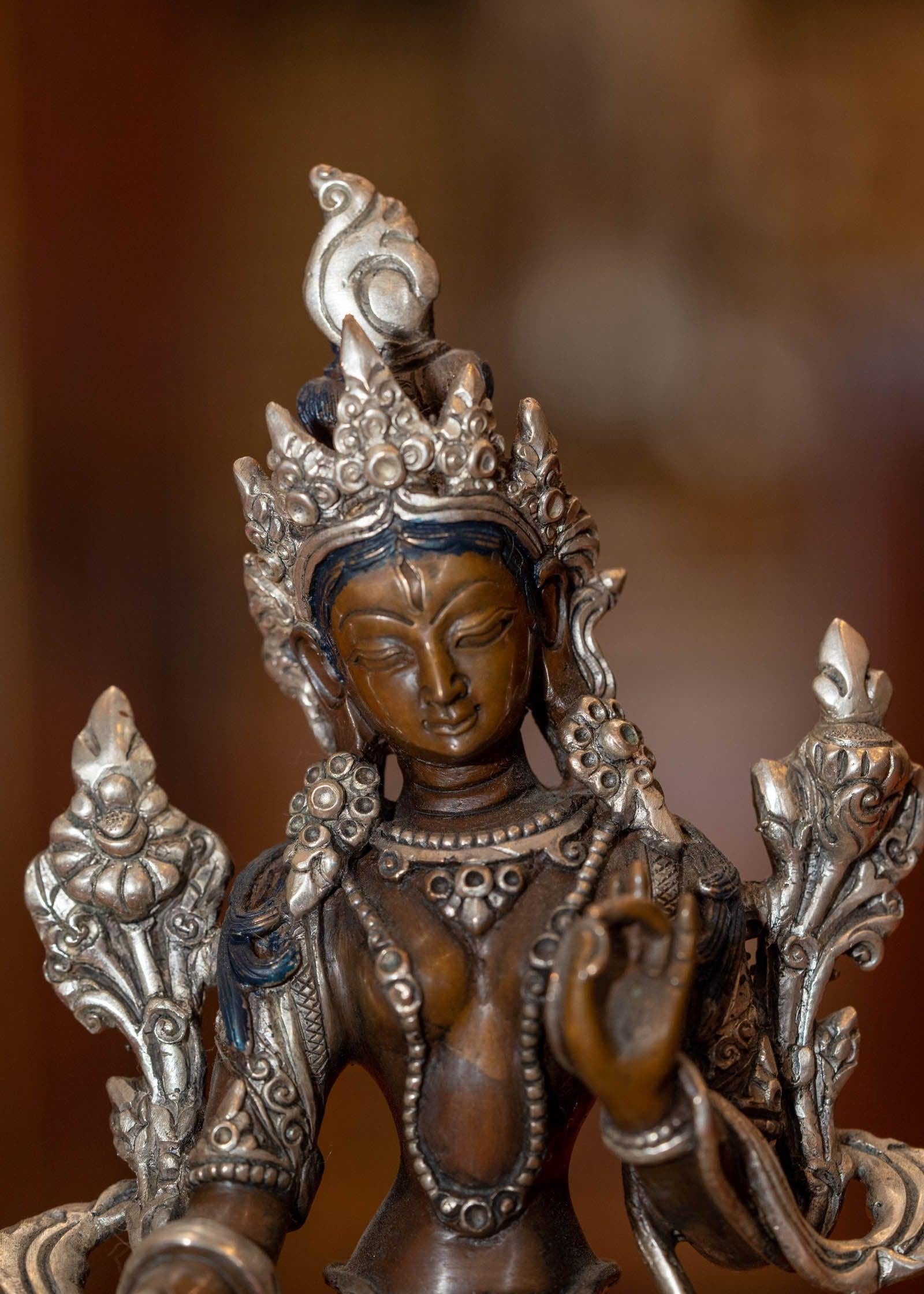 White tara statue silver plated in bronze handmade high quality small size Tibetan statue.