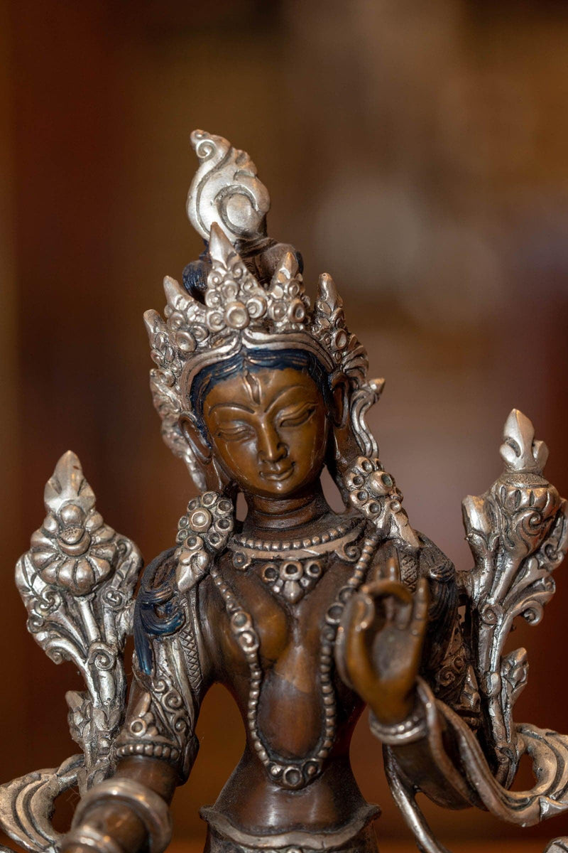 White tara statue silver plated in bronze handmade high quality small size Tibetan statue.