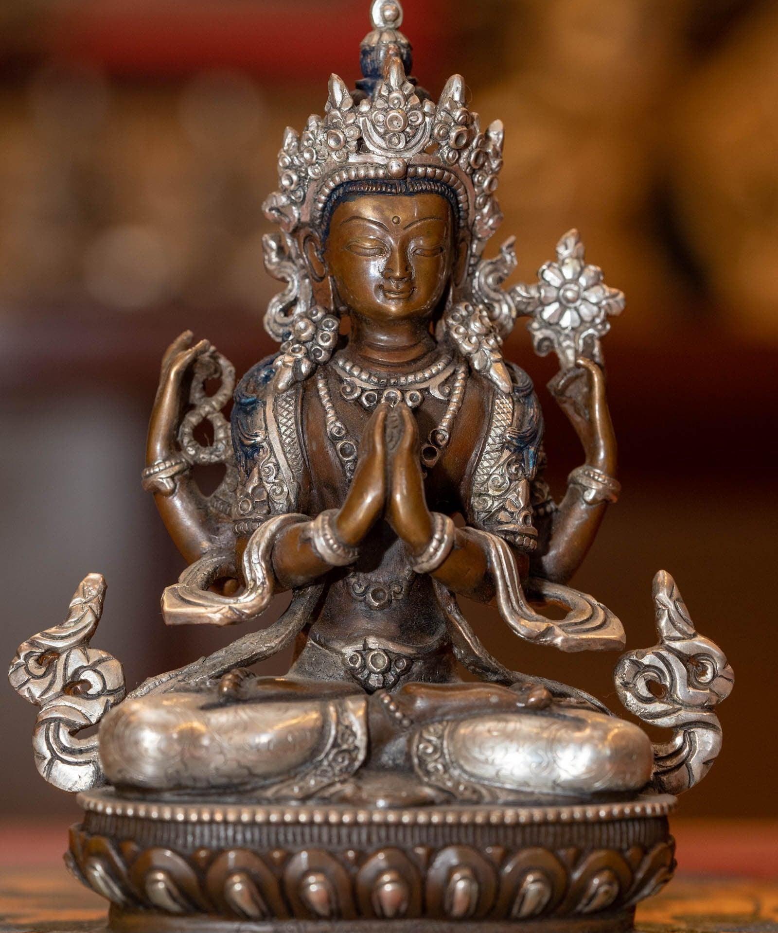 Buddhist sculpture Chengresi Statue silver plated small size for altar and meditation space.