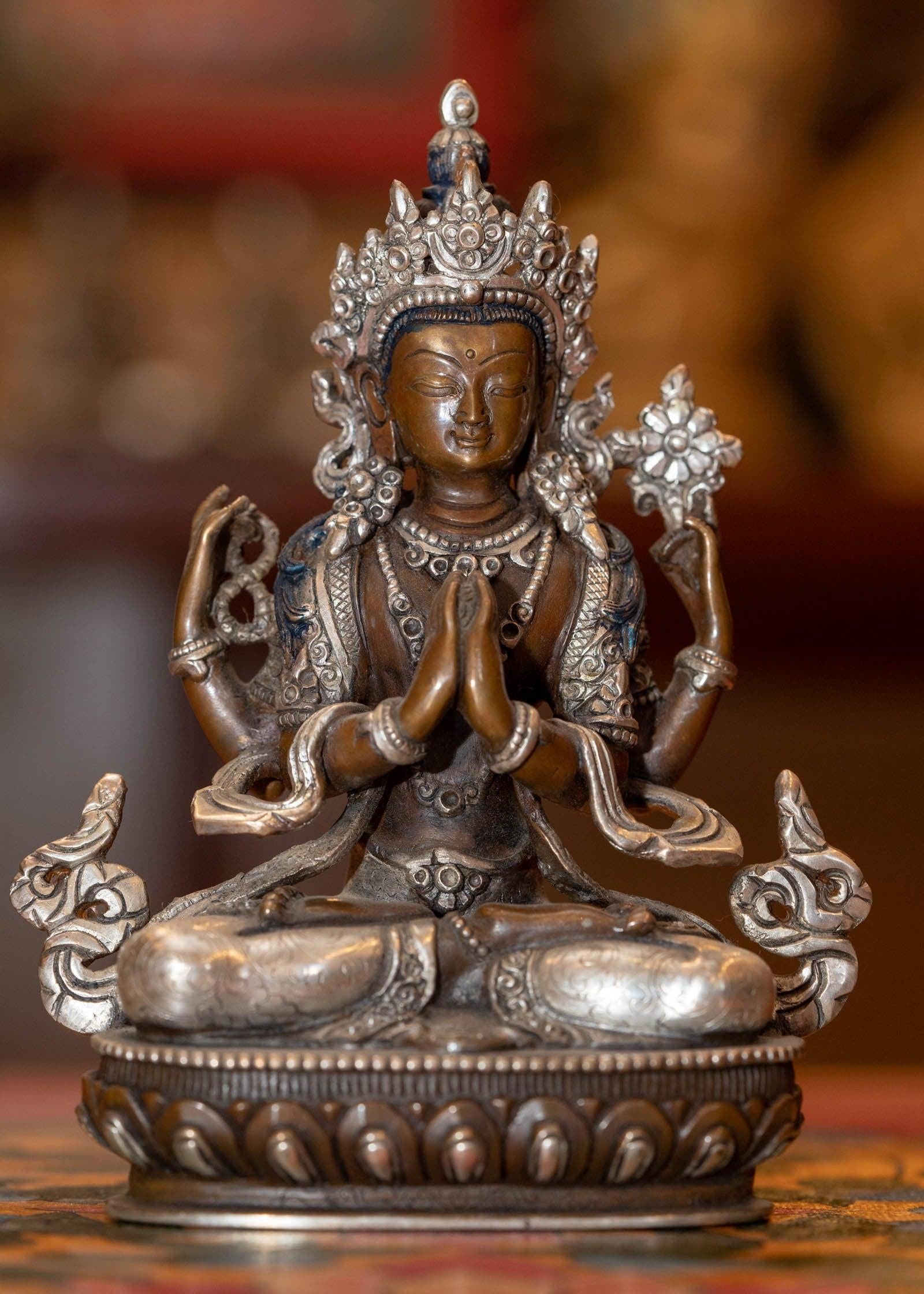 Buddhist sculpture Chengresi Statue silver plated small size for altar and meditation space.