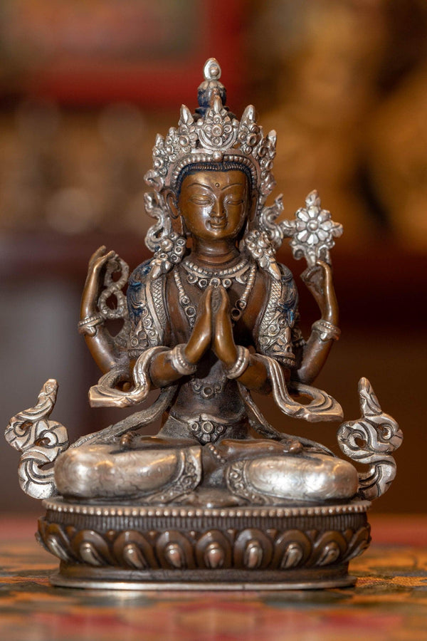 Buddhist sculpture Chengresi Statue silver plated small size for altar and meditation space.