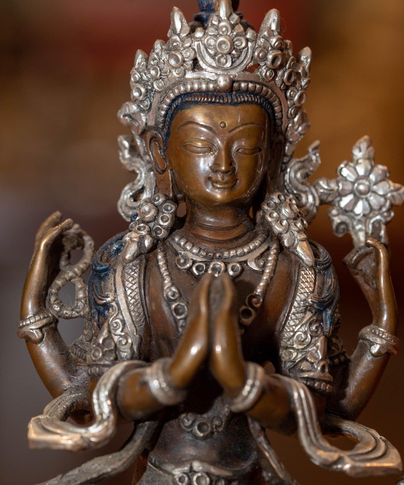 Buddhist metal sculpture Chengresi Statue silver plated small size for altar and meditation space.