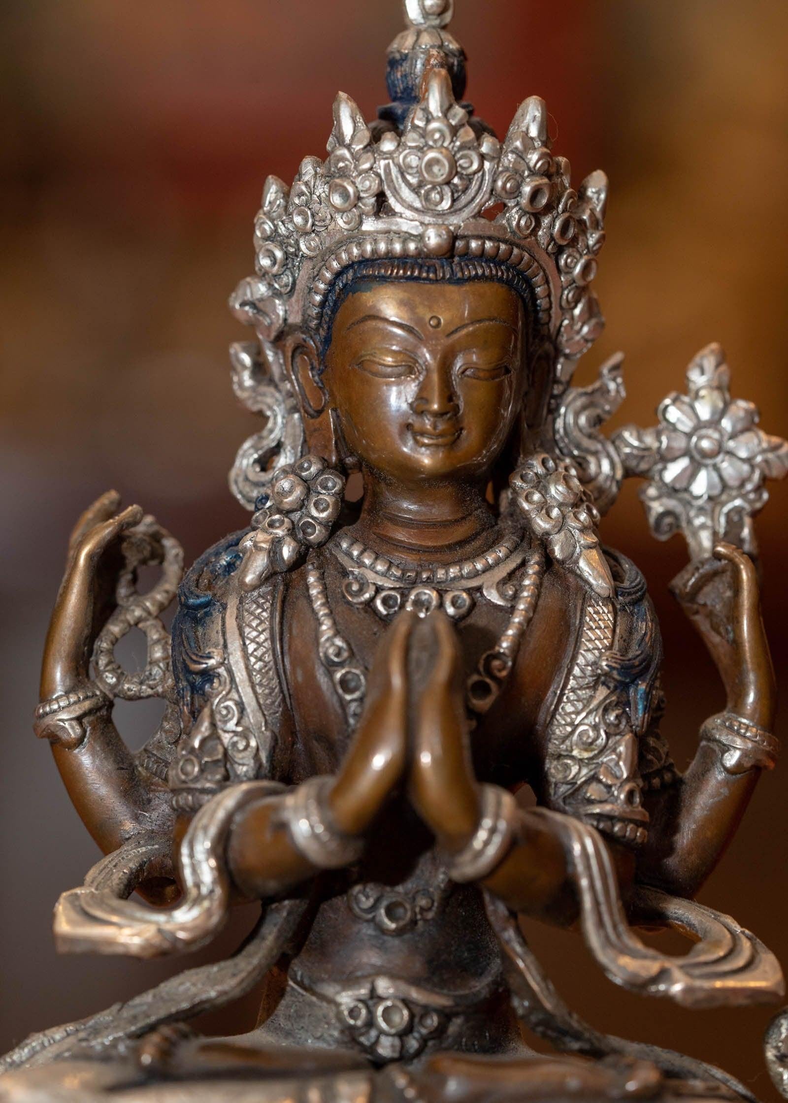 Buddhist metal sculpture Chengresi Statue silver plated small size for altar and meditation space.