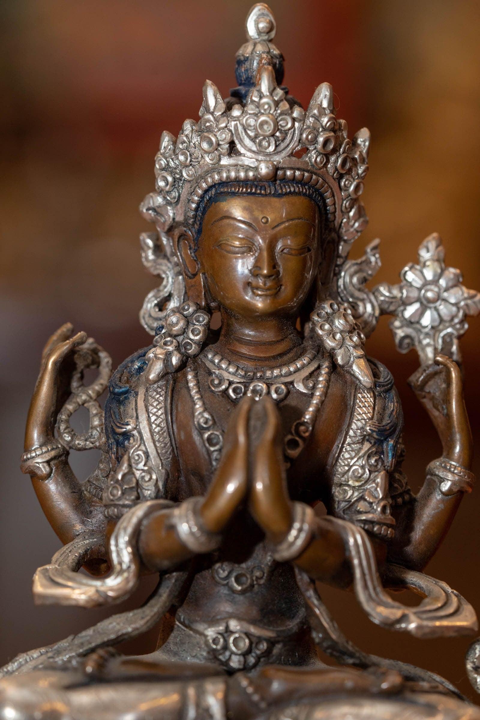 Buddhist metal sculpture Chengresi Statue silver plated small size for altar and meditation space.
