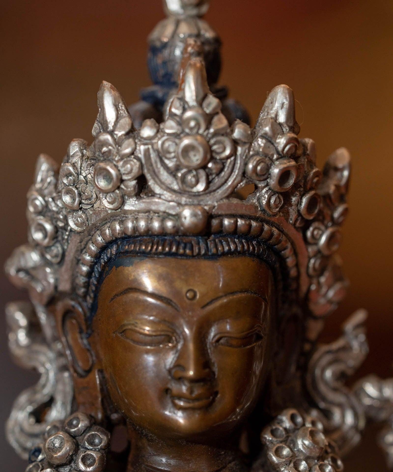 Buddhist metal sculpture Chengresi Statue silver plated small size for altar and meditation space.