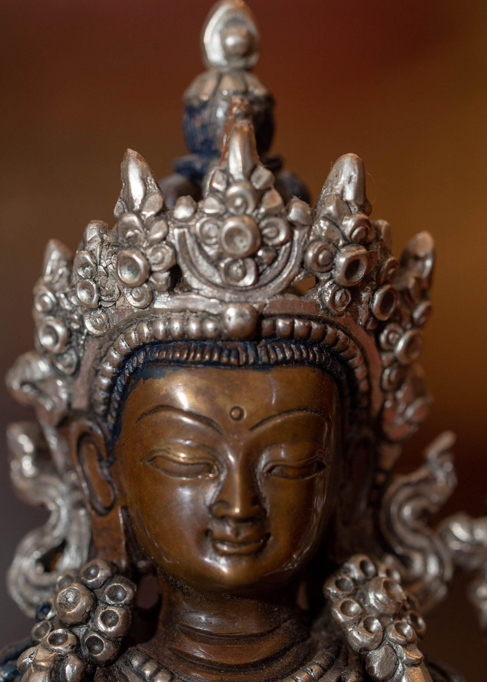 Buddhist metal sculpture Chengresi Statue silver plated small size for altar and meditation space.