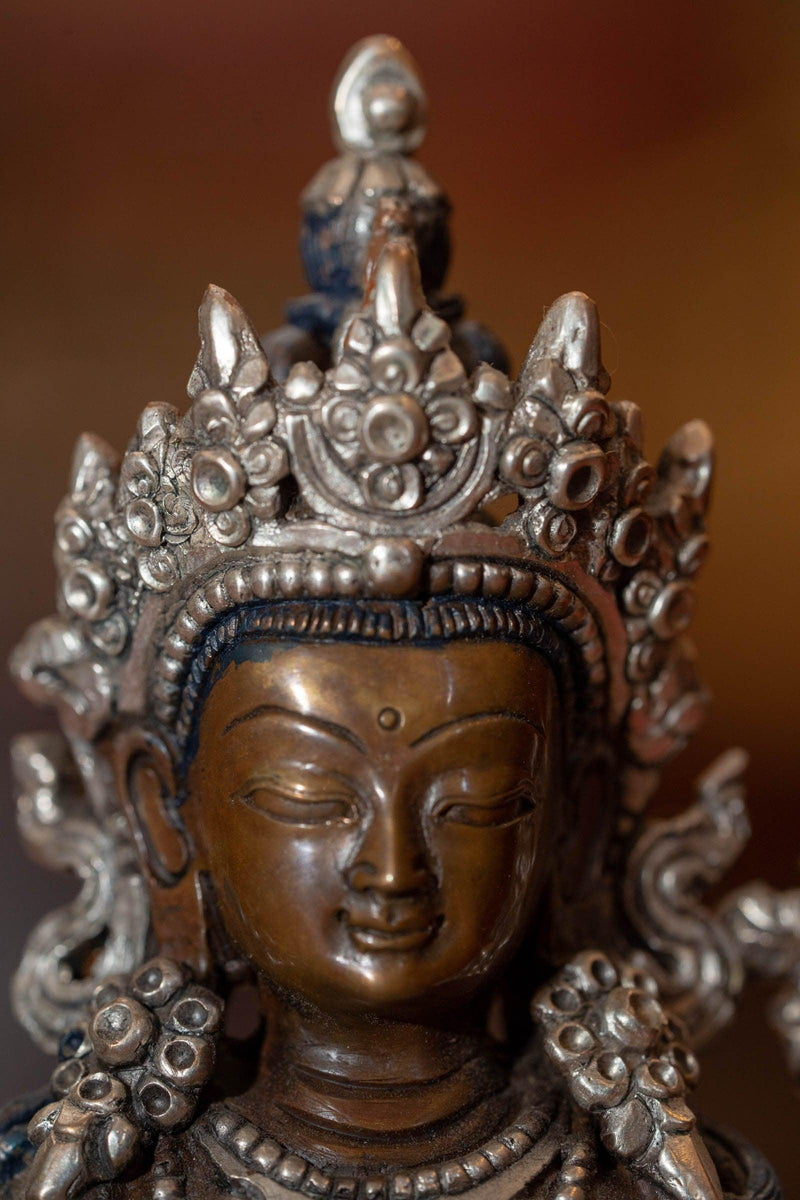 Buddhist metal sculpture Chengresi Statue silver plated small size for altar and meditation space.