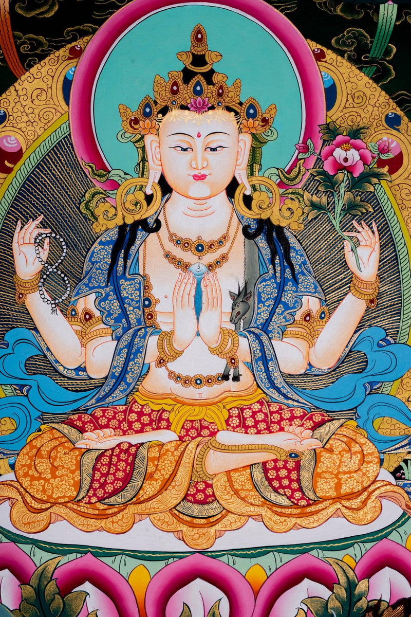Chengresi thangka painting with 5 buddha , Manjushri and Bajrapani