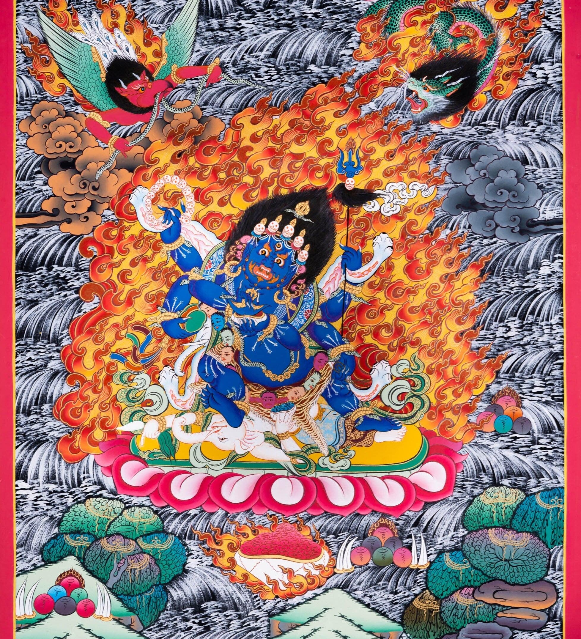 Thangka painting of Mahakala wrathful form of Avalokiteshvara in Tibetan Buddhism