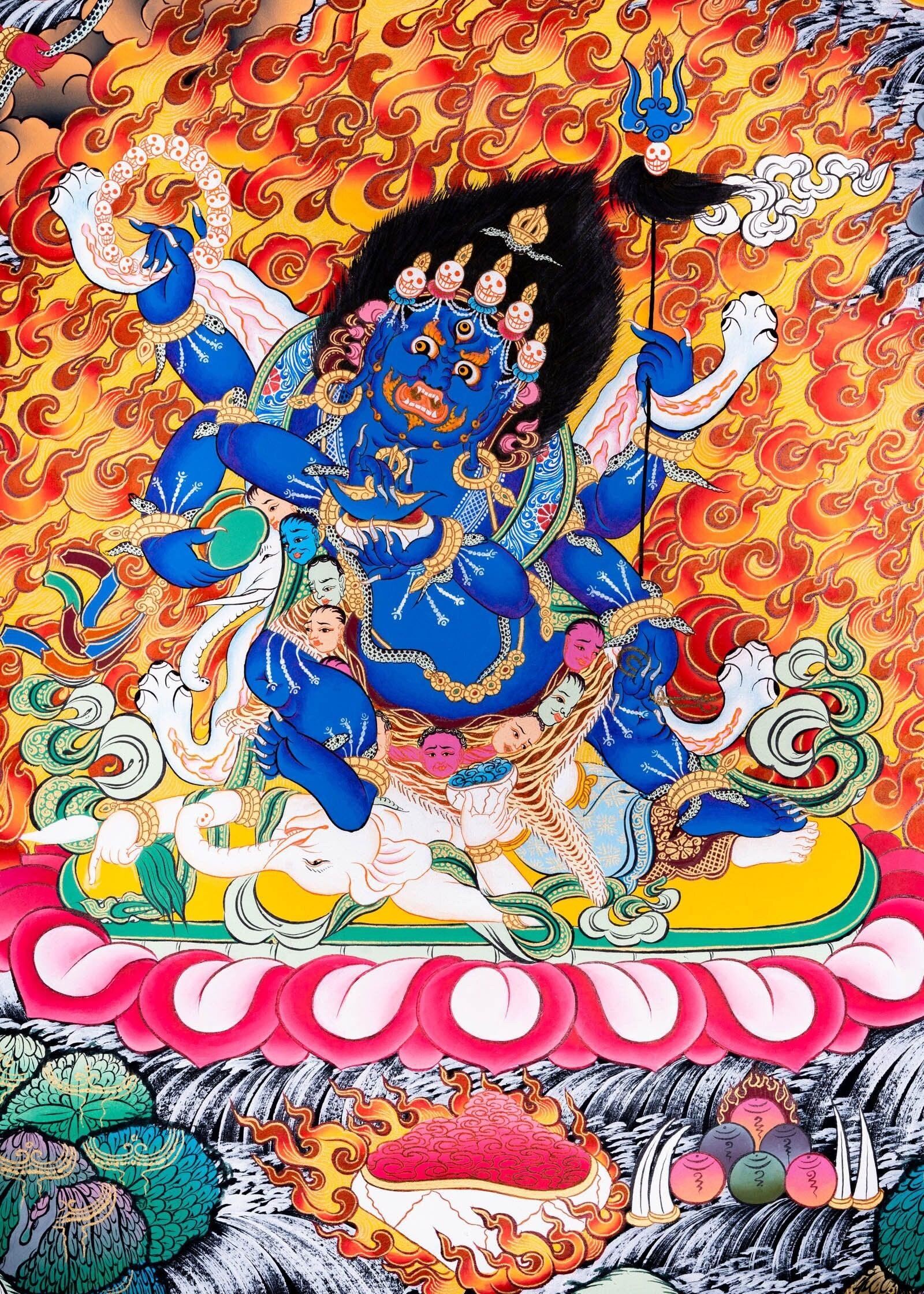 Thangka painting of Mahakala wrathful form of Avalokiteshvara in Tibetan Buddhism