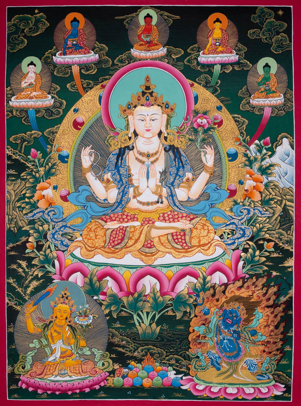 Chengresi thangka painting with 5 buddha , Manjushri and Bajrapani