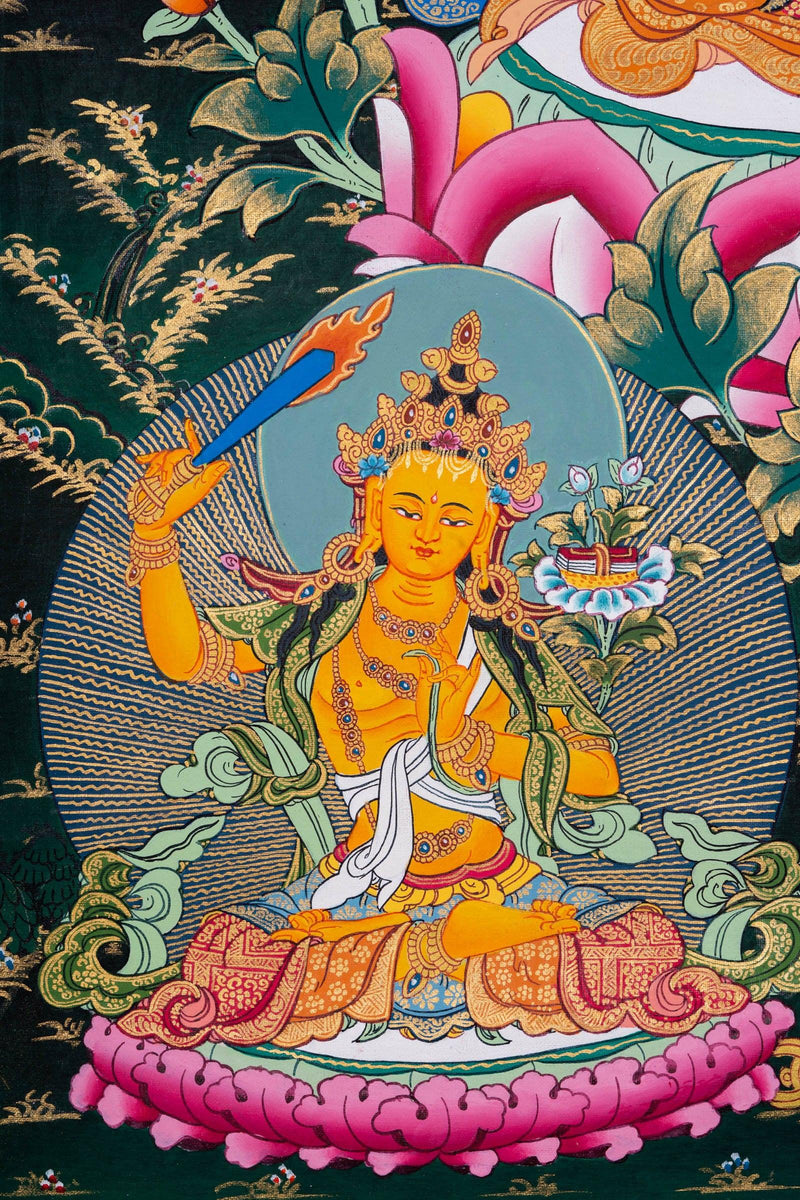 Chengresi thangka painting with 5 buddha , Manjushri and Bajrapani