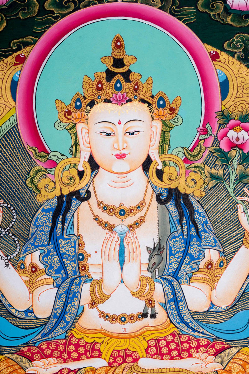 Chengresi thangka painting with 5 buddha , Manjushri and Bajrapani