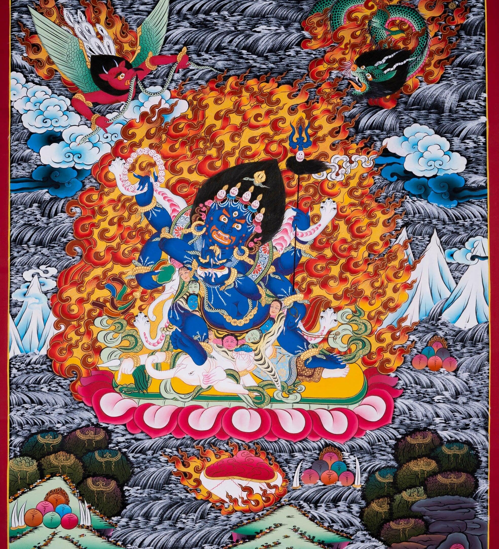 Thangka painting of Mahakala wrathful form of Avalokiteshvara in Tibetan Buddhism for wall hanging