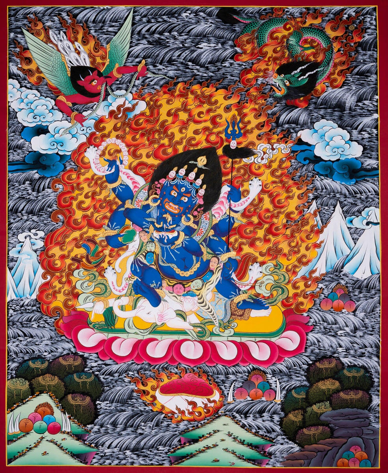 Thangka painting of Mahakala wrathful form of Avalokiteshvara in Tibetan Buddhism for wall hanging