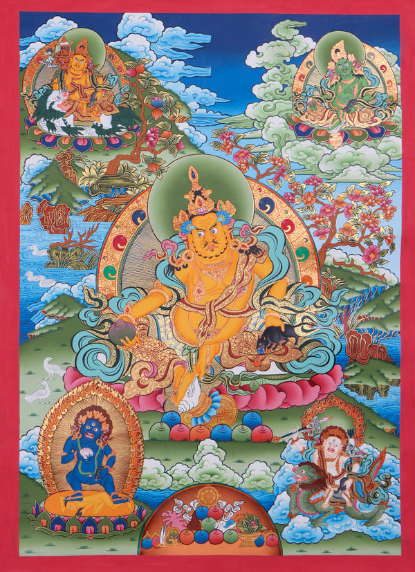 Pancha Dzambala / 5 Zambala Thangka painting for fortune and luck  painted on cotton canvas for Wall Hanging