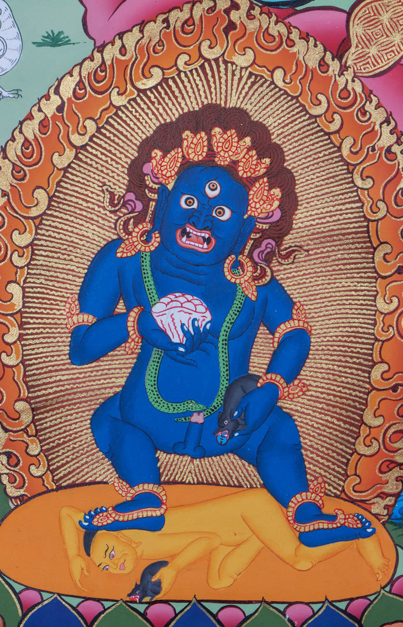 Pancha Dzambala / 5 Zambala Thangka painting for fortune and luck painted on cotton canvas for Wall Hanging