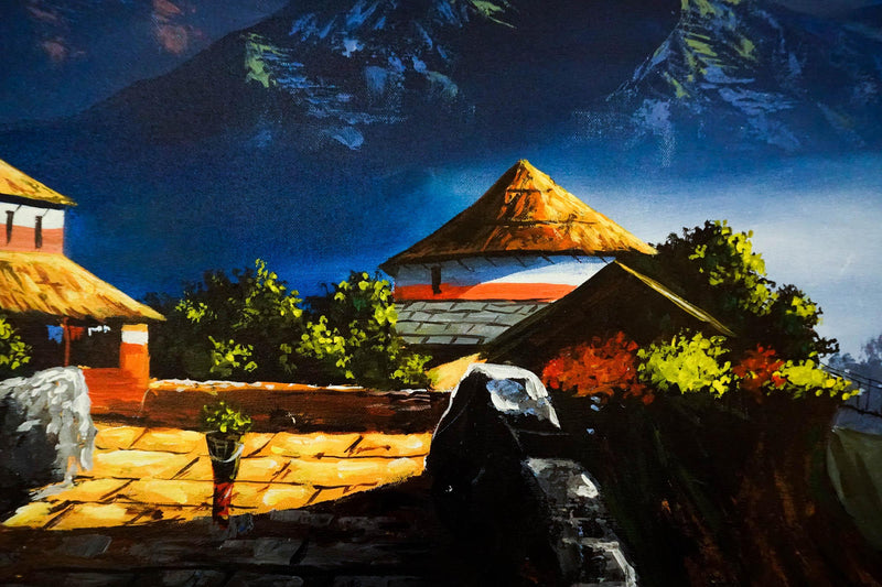 Oil Painting of Ghandruk with Annapurna Range scenerio - Himalayas Shop