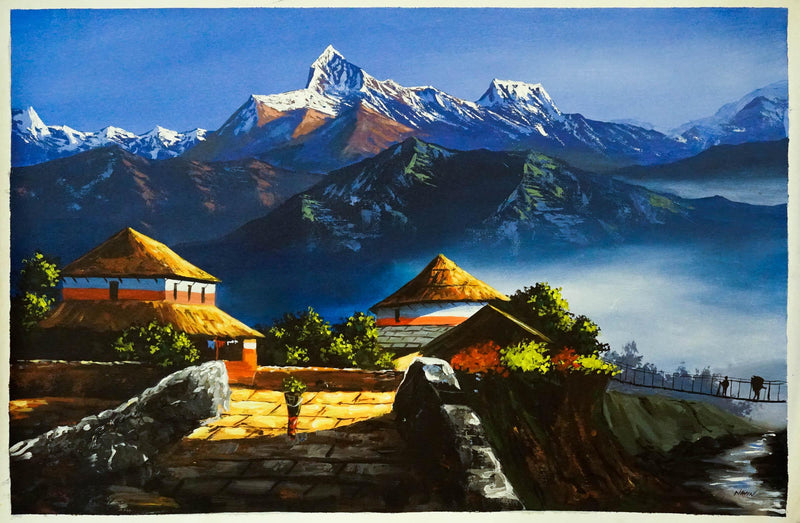 Oil Painting of Ghandruk with Annapurna Range scenerio - Himalayas Shop